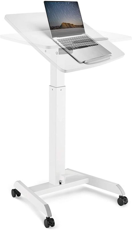 Photo 1 of OCOMMO Height Adjustable and Tilt Laptop Stand Lectern, Workstation with Wheels, Pneumatic Adjustable Podium with Tilt Laptop Table, White
