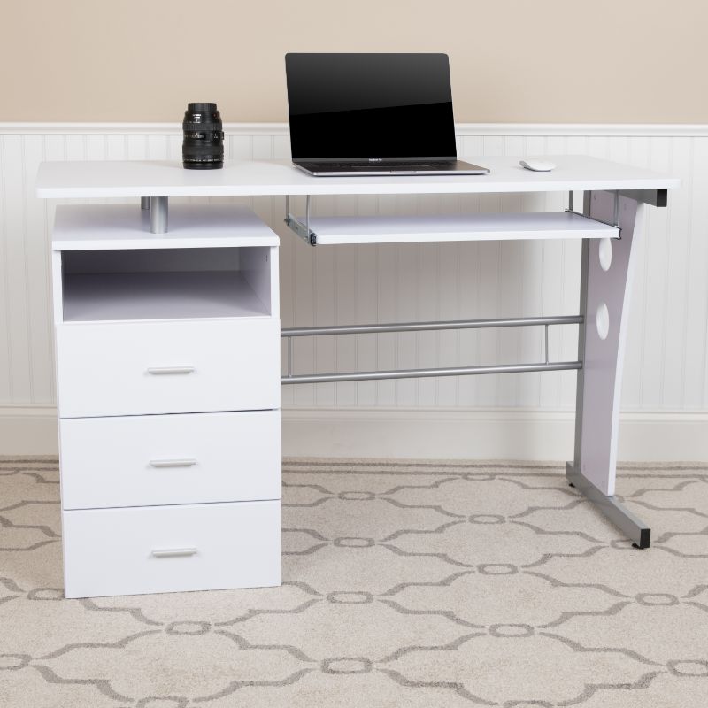 Photo 1 of Flash Furniture White Desk with Three Drawer Pedestal and Pull-Out Keyboard Tray