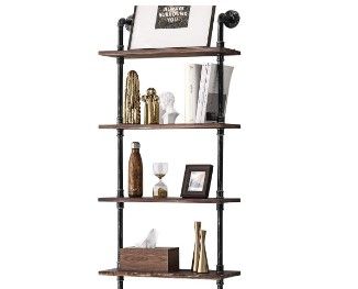 Photo 1 of  4-Shelf Bookcase, Floating Wall Mount Shelves with Natural Wood and Industrial Pipe Metal Frame, walnut /Black
