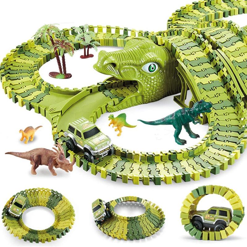 Photo 1 of Dinosaur Toys Track Cars for Boys - 240 Pcs Flexible Track Playset Toy Cars for Girls Dinosaur World Road Race for Kids Boys Girls