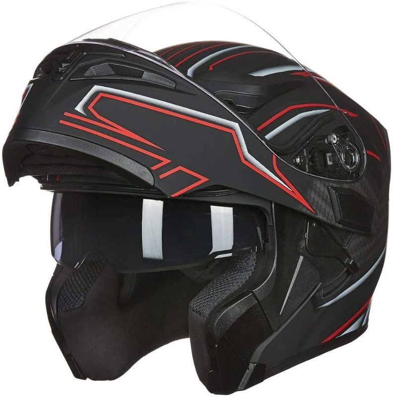 Photo 1 of DAMAGED***
ILM Motorcycle Dual Visor Flip up Modular Full Face Helmet DOT LED Lights Integrated (M, BLACK RED - LED)