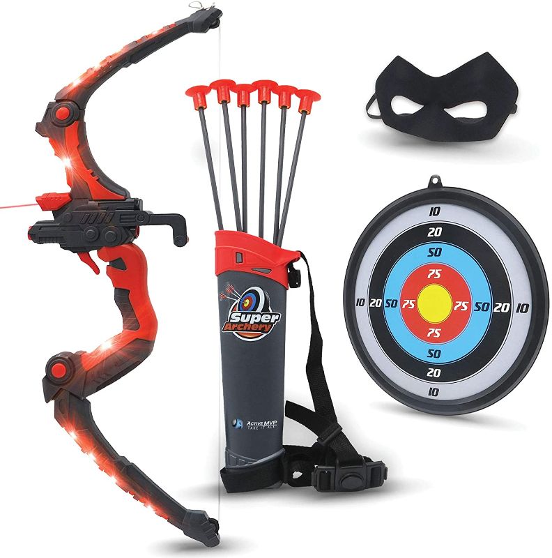 Photo 1 of Bow and Arrow for Kids - Red Light Up Kids Archery Set with MASK, 6 Suction Cup Arrows, Target, 3-Belt Quiver - Indoor Outdoor Boys Toys - Gift for Kids Girls Children Age 6 7 8 9 10-12 Year Old