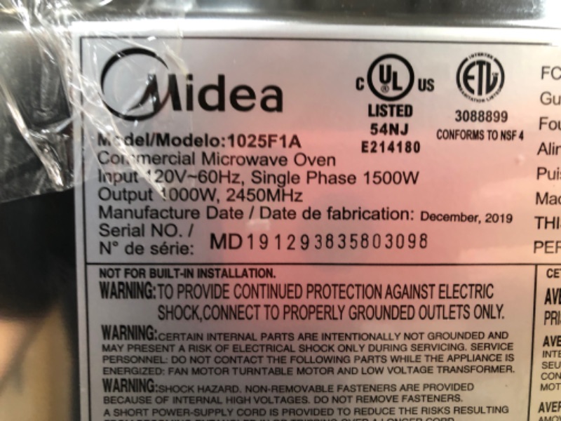 Photo 4 of Midea 1025F1A Light Duty Commercial Microwave 1000W with Electronic Touch Controls