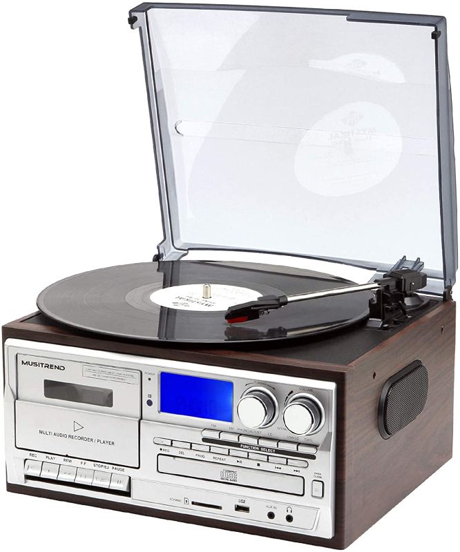 Photo 1 of MUSITREND Record Player 8 in 1 3 Speed Bluetooth Vintage Turntable CD Cassette Vinyl Player AM/FM Radio USB Recorder Aux-in RCA Line-Out