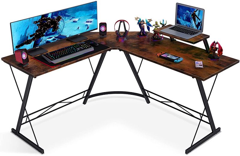 Photo 1 of Coleshome L Shaped Desk Home Office Desk with Shelf, Gaming Computer Desk with Monitor Stand, PC Table Workstation with Shelf, Vintage
