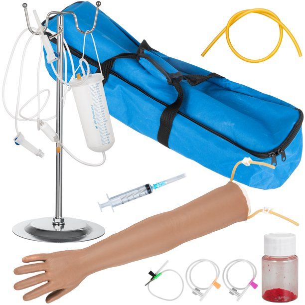 Photo 1 of  Intravenous Practice Arm Kit with Dark Skin Phlebotomy Arm Made of PVC Material Practice Arm for Phlebotomy with Height Adjustable Infusion Stand IV Practice Arm Kit for Venipuncture Practice
