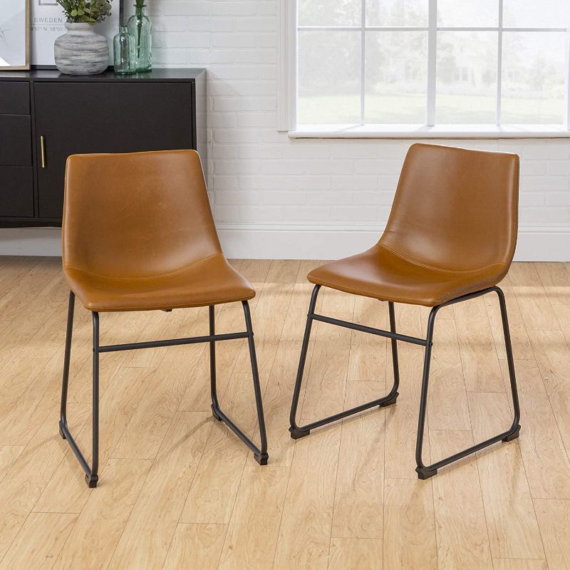 Photo 1 of Walker Edison Douglas Urban Industrial Faux Leather Armless Dining Chairs, Set of 2, Whiskey Brown
