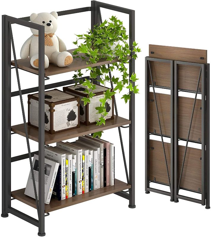 Photo 1 of 4NM No-Assembly Folding Bookshelf Storage Shelves 3 Tiers Vintage Bookcase Standing Racks Study Organizer Home Office (Brown and Black)
