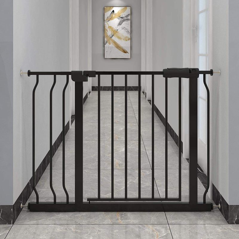 Photo 1 of COSEND Extra Wide Baby Gate Tension Indoor Safety Gates Black Metal Large Pressure Mounted Pet Gate Walk Through Long Safety Dog Gate for The House Doorways Stairs (33.86"-38.58"/86-98CM, Black)
