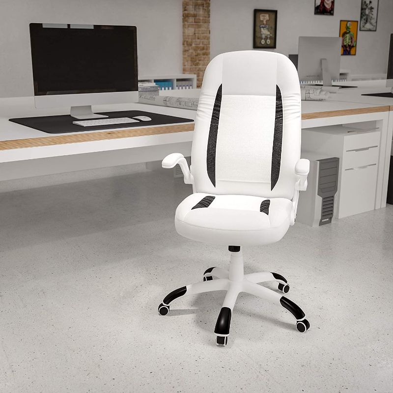 Photo 1 of Flash Furniture High Back White LeatherSoft Executive Swivel Ergonomic Office Chair with Flip-Up Arms
