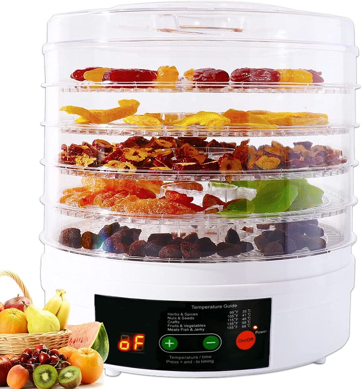 Photo 1 of Vchiming Food Dehydrator Machine, Electric Dryer Dehydrator for Beef Jerky, Fruit, Vegetables, Meat, Dog Treats, BPA Free 5 Trays Dehydrator with Digital Timer and Temperature Control, Overheat Protection, Recipe Book Included
