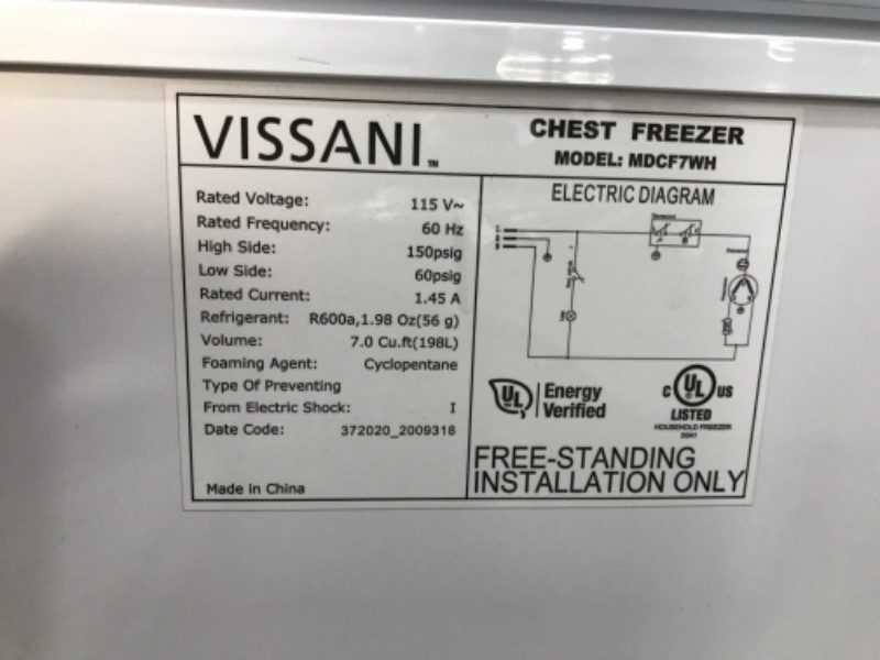 Photo 8 of VISSANI
7 cu. ft. Manual Defrost Chest Freezer in White
