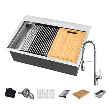 Photo 1 of All-in-One 18 Gauge Stainless Steel 32 in. Single Bowl R0 Drop-In Workstation Kitchen Sink with Faucet and Accessories
