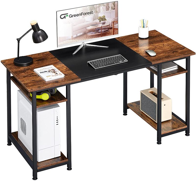 Photo 1 of GreenForest Computer Desk with Shelves 47 inch Gaming Desk Laptop Table, Hold Two Monitors, Home Office Desk for Small Spaces, Brown and Black, 47"(L) x 21.65"(W) x 29.52"(H)
