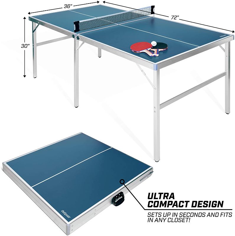 Photo 1 of *SEE last picture for damage*
GoSports Mid-Size Table Tennis Game Set - Indoor/Outdoor Portable Table Tennis Game with Net, 2 Table Tennis Paddles and 4 Balls
