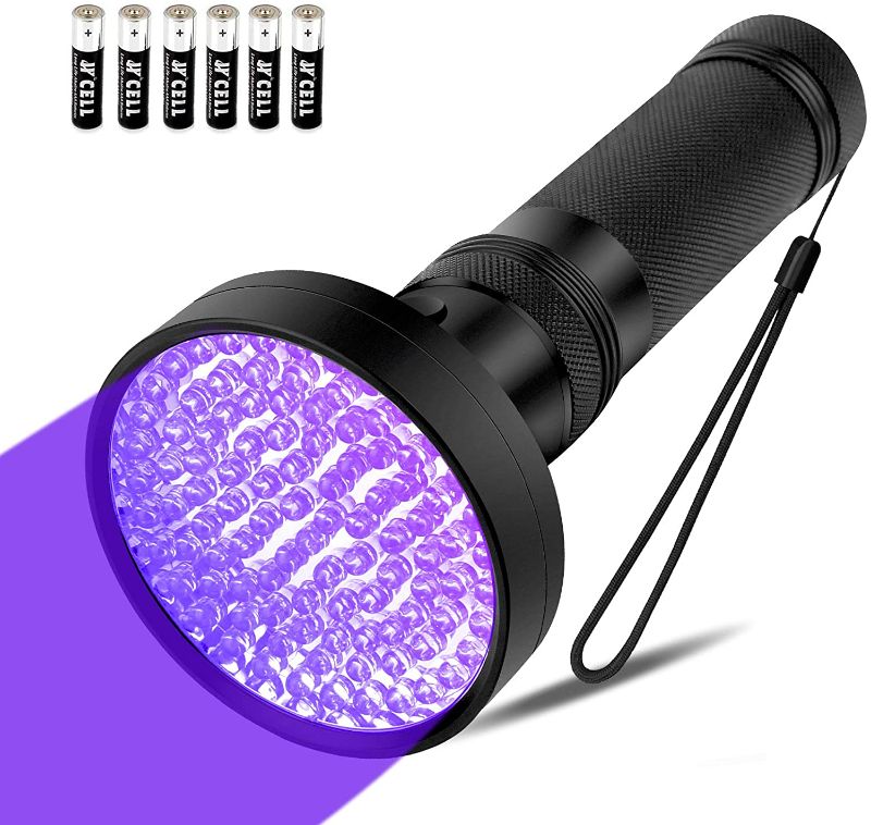 Photo 1 of *MISSING batteries* 
UV Flashlight Black Light, 100 LED 395nm UV Blacklight Flashlight with 6 AA Batteries, Coquimbo Dog Cat Urine Detector for Pet Urine, Bed Bug, Dry Stains, Kitchen Cleaning and Scorpion Hunting

