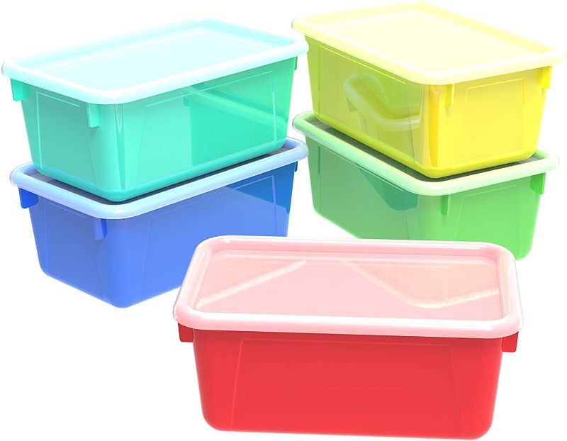 Photo 1 of Storex Small Cubby Bins – Plastic Storage Containers for Classroom with Non-Snap Lid, 12.2 x 7.8 x 5.1 inches, Assorted Colors, 5-Pack (62406U05C)
