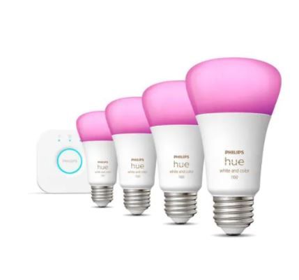 Photo 1 of White and Color Ambiance A19 75W Equivalent Dimmable LED Smart Light Bulb Starter Kit (4 Bulbs and Bridge)
