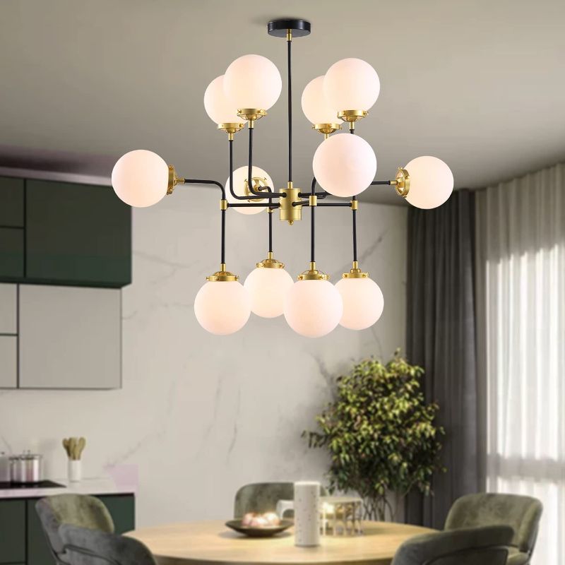 Photo 1 of 7PMBEANE Glass Globe Chandelier Mid Century Pendant Ceiling Light Milky White Ball Lampshade Wrought Iron for Living Dining Room Bedroom 12 Lights
