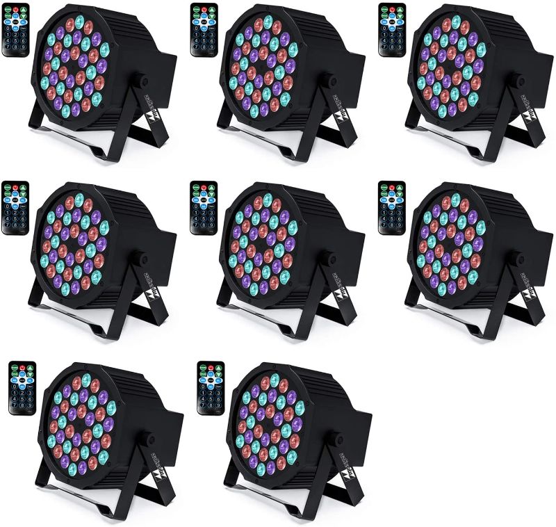 Photo 1 of DJ Lights 36 X 1W RGB LEDs DJ LED Uplighting Package Sound Activated Stage Par Lights with Remote Control Compatible with DMX, 9 Modes LED Up Lights for Wedding Event Party Festival (8 Pack)
