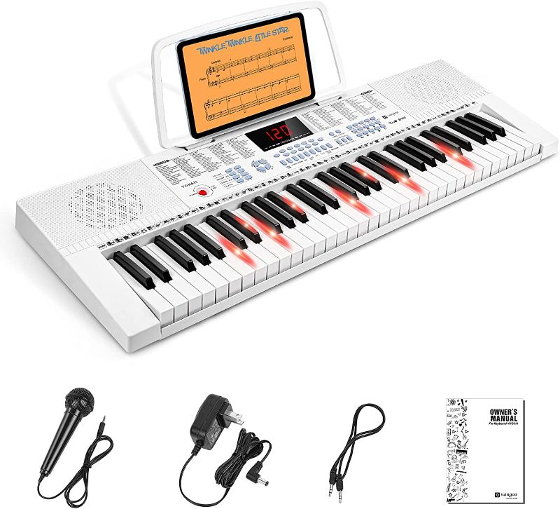 Photo 1 of Vangoa VGK611 Piano Keyboard 61 Mini Lighted Key, Portable Electric Piano for Beginners with 3 Teaching Modes, Microphone, Adapter, Manual, White
