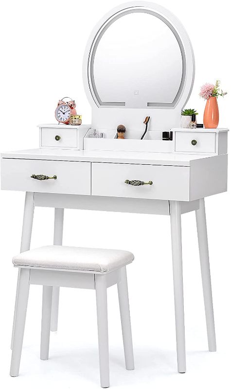 Photo 1 of  Vanity Table Set with Touch Screen Dimming, Makeup Table Vanity with Cushioned Stool, Makeup Desk Bedroom Vanity Set Lots Storage Dressing Table for Women Girls White
