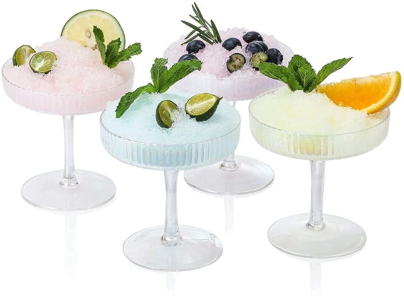 Photo 1 of Omita Iridescent Summit Coupe Glass Set of 4 Vintage Stem Design for Manhattan Cocktail Champagne Prohibition Aperitif Wine Rainbow Unicorn Shimmering Little Cute Glassware
