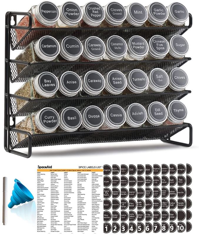 Photo 1 of ***COVER PHOTO FOR REFERANCE*** SpaceAid 4 Tier Spice Rack Organizer with 28 Glass Spice Jars (4oz), 386 Spice Labels, Chalk Marker and Funnel Set for Cabinet Pantry Cupboard Door Countertop or Wall Mount - Black
