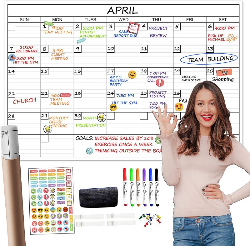 Photo 1 of Large Dry Erase Wall Calendar - 24"x 36" Undated Monthly Planner for Home, Office, Classroom - Reusable Laminated Task Organizer
