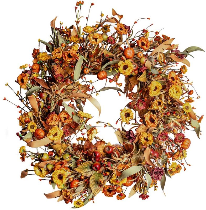 Photo 1 of Artificial Fall Wreath,22” Floral Wreath with Berries and Pumpkins Autumn Maple Leaves Wreath for Front Door