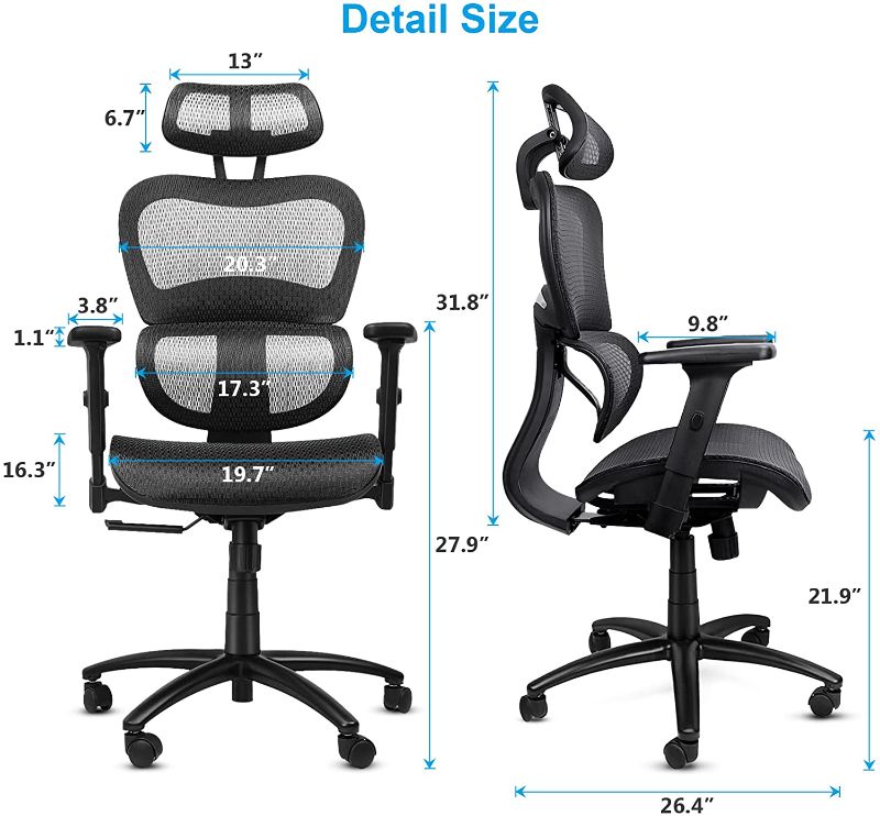 Photo 1 of Komene ErgoPro Ergonomic Office Chair - Rolling Home Desk Chair with lumbar support, Adjustable headrest and 3D Armrest, High Back Mesh Computer Chair, Gaming Chairs, Executive Swivel Chair (Black)
