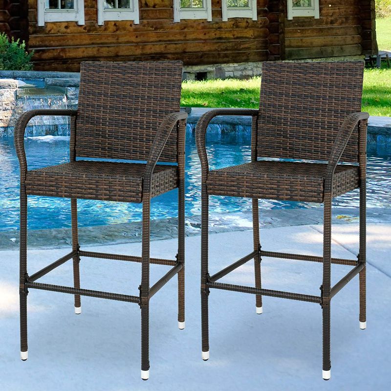 Photo 1 of 30-Inch Outdoor Brown Wicker Barstool (Set Of 2) 
