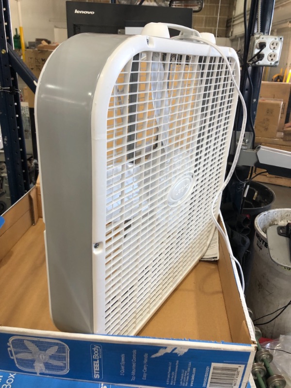 Photo 1 of 20 in. 3 Speed White Box Fan with Save-Smart Technology for Energy Efficiency