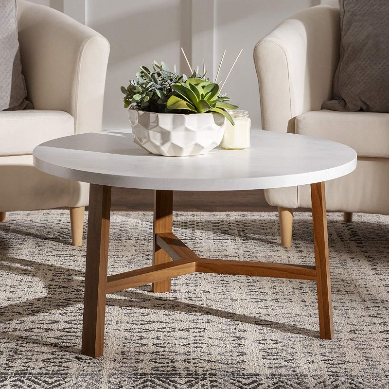 Photo 1 of 30 Transitional Contemporary Mid Century Modern Round Coffee Table in White Marble & Light Oak - Walker Edison AF30EMCTLO
