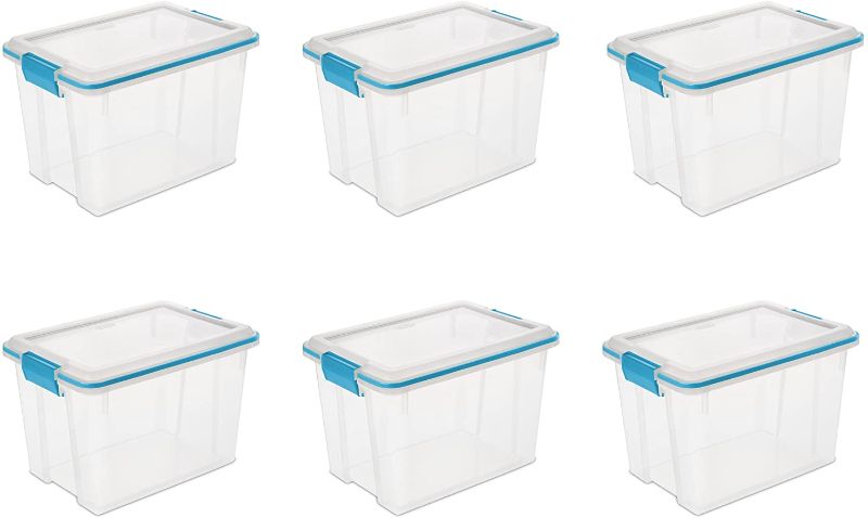 Photo 1 of *MISSING ONE TUB* Sterilite 19324306 Gasket Box See-Through Lid and Base with Blue Aquarium Latches and Gasket, 20-Quart, 5-Pack
