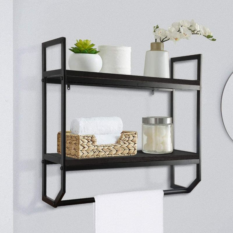 Photo 1 of 2-Tier Industrial Bathroom Shelves Wall Mounted, 24.8'' Industrial Metal Bathroom Towel Rack, Over Toilet Shelf with Floating Towel Bar for Bathroom, Kitchen,Living Room,Black
