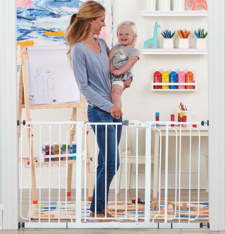 Photo 1 of Extra WideSpan Walk Through Baby Gate, Includes 4-Inch, 8-Inch and 12-Inch Extension, 4 Pack of Pressure Mounts and 4 Pack of Wall Cups and Mounting Kit, White
