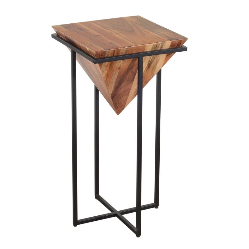 Photo 1 of 30 Inch Pyramid Shape Wooden Side Table with Cross Metal Base, Brown and Black
