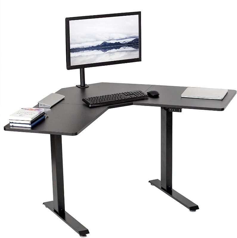 Photo 1 of banti dual motor l shaped electric standing desk, 48 inches height adjustable corner standing desk, black top/black frame, sit to stand home office table with splice board