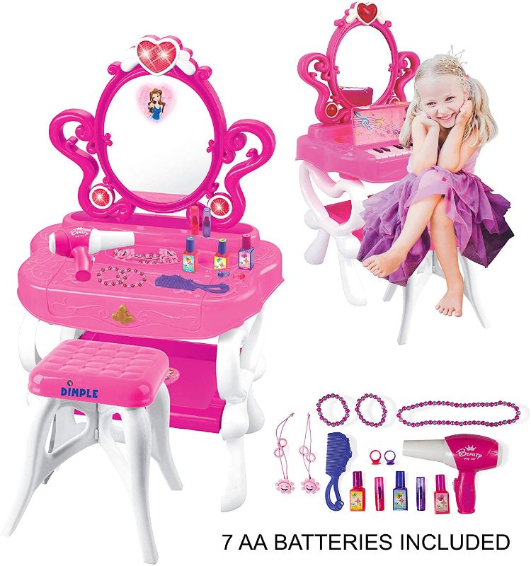 Photo 1 of 2-in-1 Musical Piano Vanity Set Girls Toy Makeup Accessories with Working Piano & Flashing Lights, Big Mirror, Pretend Cosmetics, Hair Dryer 