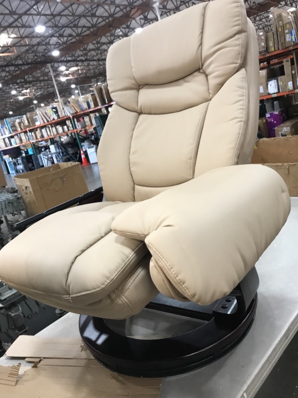 Photo 2 of ***PARTS ONLY*** Flash Furniture Contemporary Multi-Position Recliner with Horizontal Stitching and Ottoman with Swivel Mahogany Wood Base in Beige LeatherSoft
