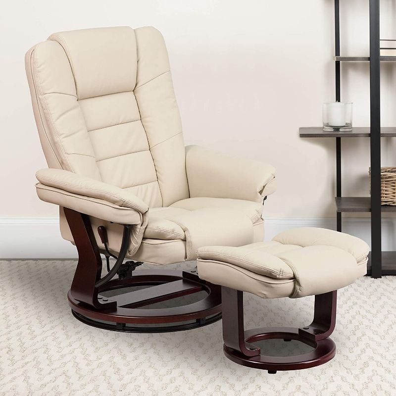 Photo 1 of ***PARTS ONLY*** Flash Furniture Contemporary Multi-Position Recliner with Horizontal Stitching and Ottoman with Swivel Mahogany Wood Base in Beige LeatherSoft
