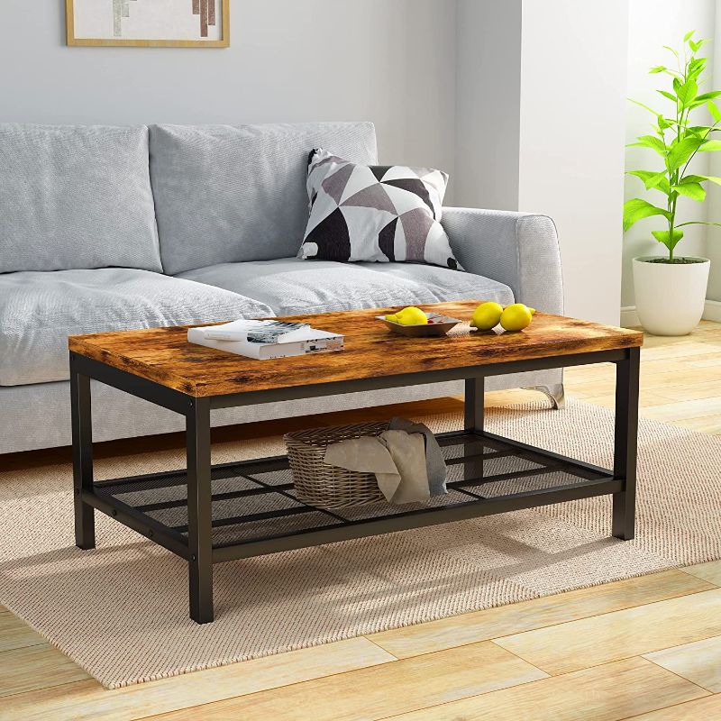 Photo 1 of  Industrial Coffee Table with Storage Shelf, Vintage Wooden Board with Stable Metal Frame, Wood Look Furniture with Rustic Coffee Table for Living Room and Bedroom, Retro Brown