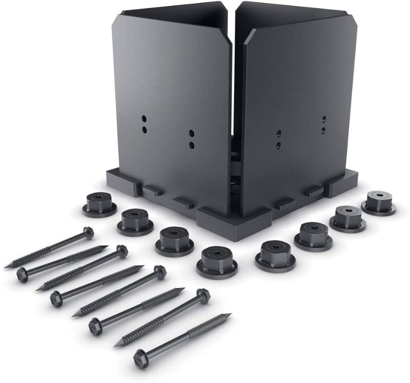 Photo 1 of *MISSING screws and 2 cap nuts*
OZCO 51709 Ironwood 8x8" Post Base, (1 per Pack), Black
