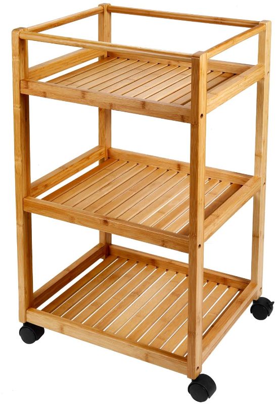 Photo 1 of *NOT EXACT stock picture, use for reference* 
 *MISSING manual* 
3-Tier Rolling Bamboo Wood Storage Organizer with Wheels