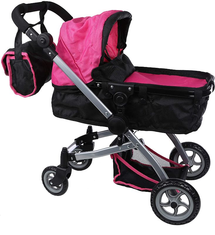 Photo 1 of *MISSING 2 wheels and bag* 
Mommy & Me Babyboo Deluxe Doll Pram with Swiveling Wheels & Adjustable Handle & Free Carriage Bag - 9651B Pink
