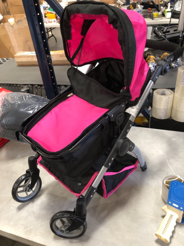 Photo 2 of *MISSING 2 wheels and bag* 
Mommy & Me Babyboo Deluxe Doll Pram with Swiveling Wheels & Adjustable Handle & Free Carriage Bag - 9651B Pink
