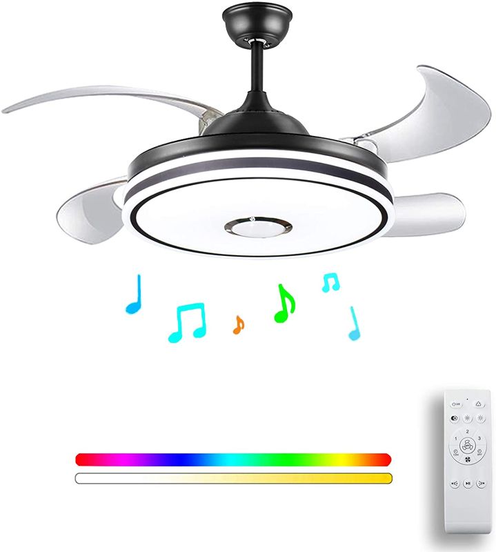 Photo 1 of *seems to be MISSING a piece, UNKNOWN*
HOREVO Retractable ceiling fan light and Bluetooth speaker RGB color Changing 36W 49.2In music Black ceiling fan remote
