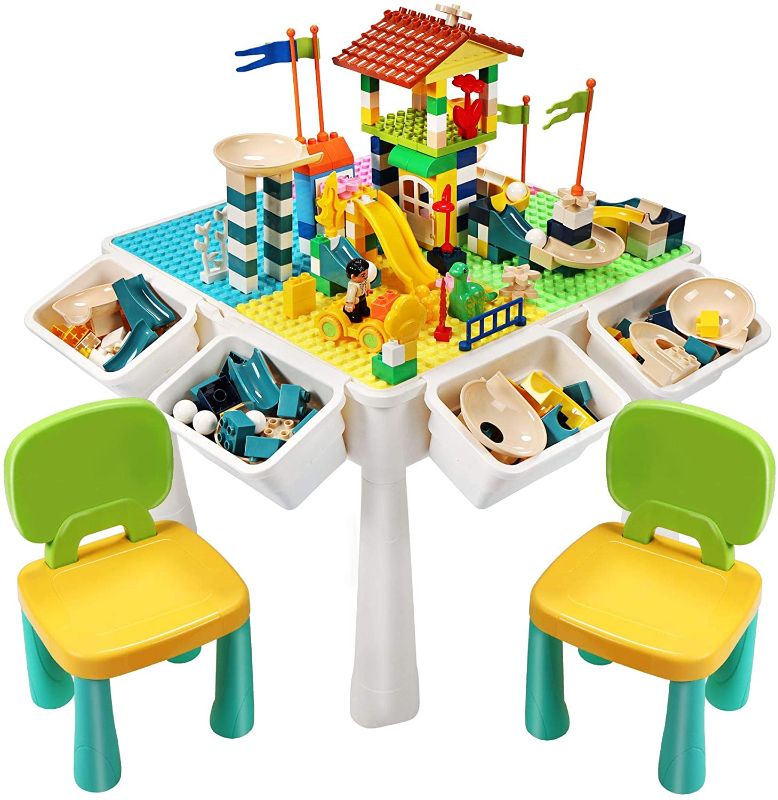 Photo 1 of EIH 7-in-1 Multi Kids Activity Table Set, Building Block Table with 2 Chairs 205 PCS Large Building Blocks Water Table Outdoor Play Sand Table Arts Crafts Table for Kids 3+ Ages (Green+Yellow)
