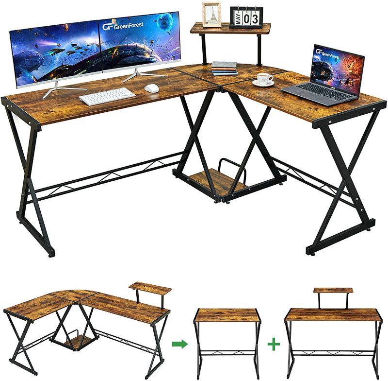 Photo 1 of GreenForest L Shaped Desk 58” Reversible Corner Computer Desk with Movable Shelf and CPU Stand, Gaming Desk with Sturdy X Leg Space Saving Home Office Workstation Table, Rustic Brown
